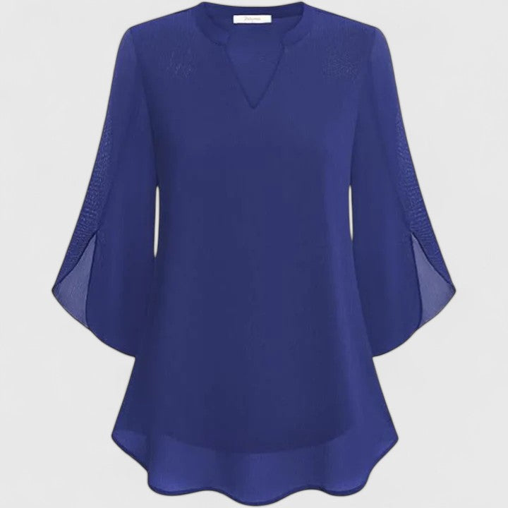 Women's Blouse V-Neck with Split Sleeves and Curved Hem - 6