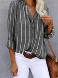 Women's Striped Blouse with V-Neck and Button Placket - Grey