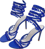 Women's Heeled Sandals with Wraparound Ankle Strap and Diamante Detail - 11