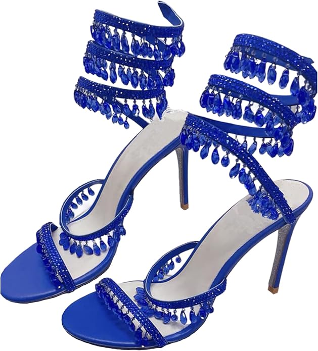 Women's Heeled Sandals with Wraparound Ankle Strap and Diamante Detail - 11