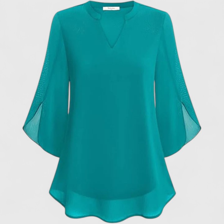 Women's Blouse V-Neck with Split Sleeves and Curved Hem - 7