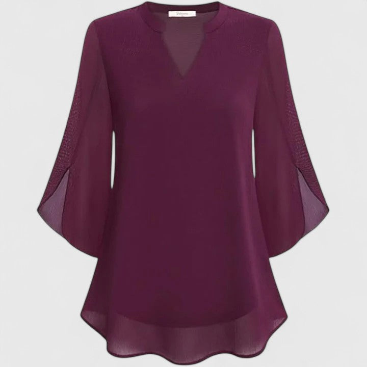 Women's Blouse V-Neck with Split Sleeves and Curved Hem - 3
