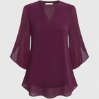 Women's Blouse V-Neck with Split Sleeves and Curved Hem - 3