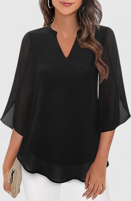 Women's Blouse Loose Fit with V-Neck and Split Sleeves - Black