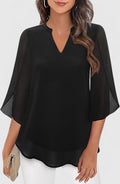Women's Blouse Loose Fit with V-Neck and Split Sleeves - Black