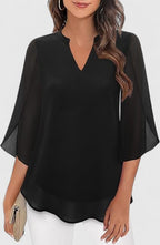 Women's Blouse Loose Fit with V-Neck and Split Sleeves - Black