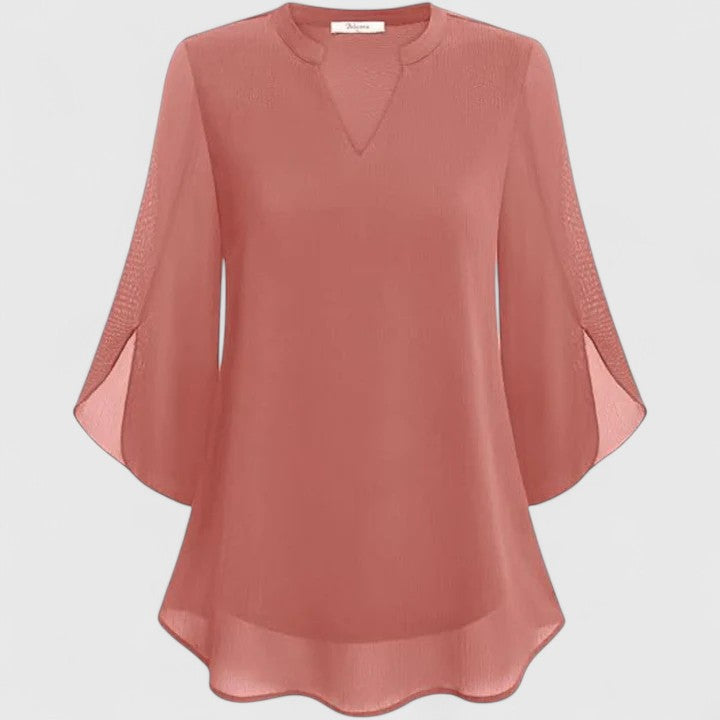 Women's Blouse V-Neck with Split Sleeves and Curved Hem - 4