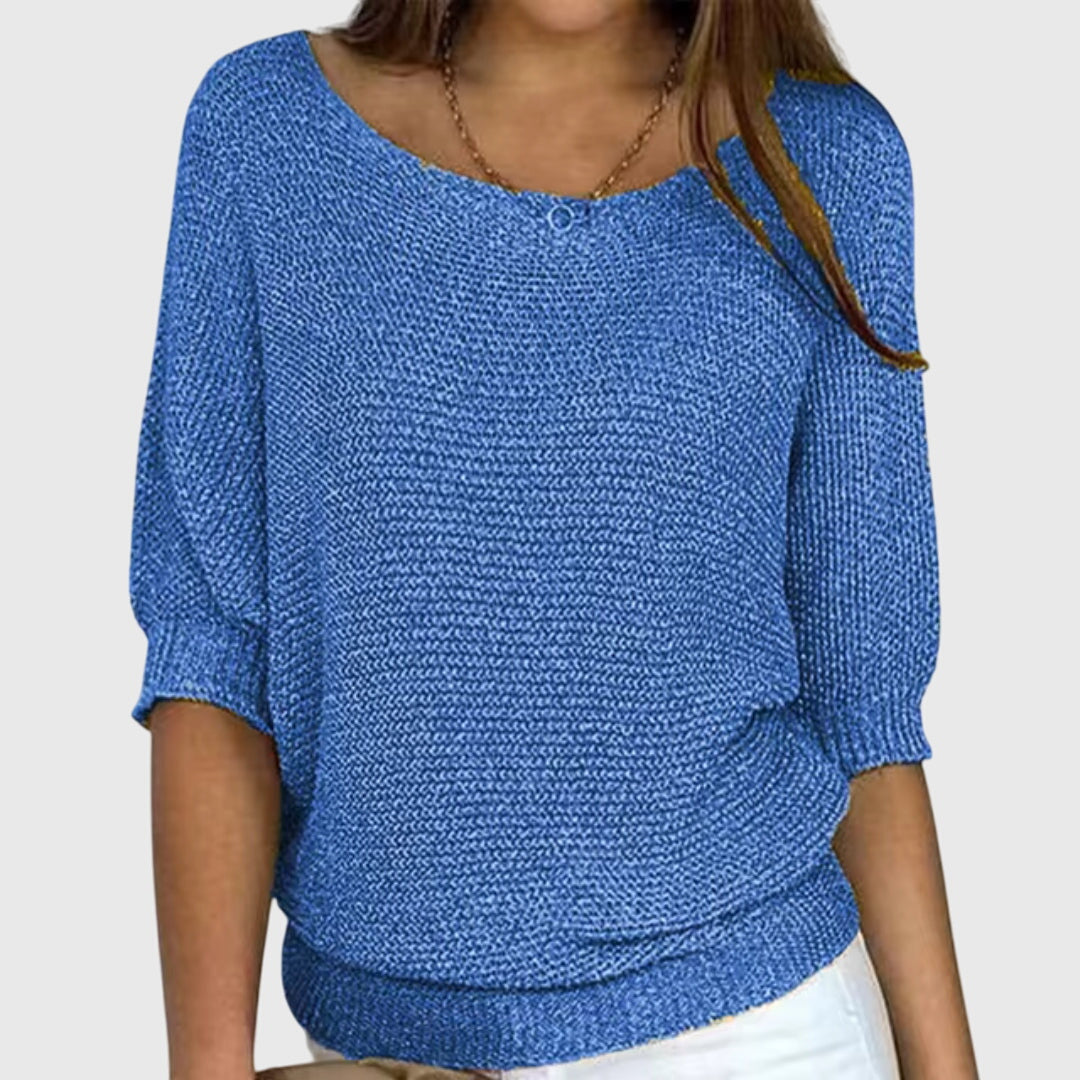 Women's Jumper Boat Neck with Three-Quarter Sleeves - Blue
