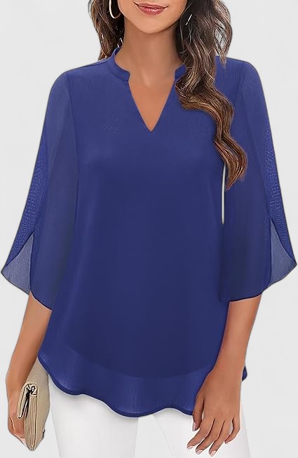 Women's Blouse Loose Fit with V-Neck and Split Sleeves - Blue