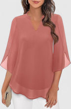 Women's Blouse Loose Fit with V-Neck and Split Sleeves - Pink