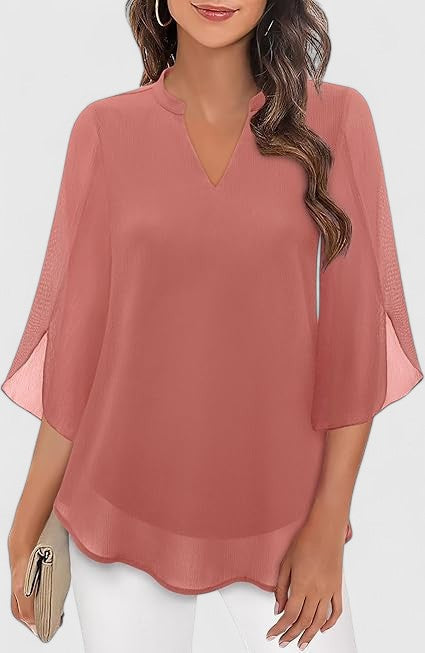 Women's Blouse Loose Fit with V-Neck and Split Sleeves - Pink