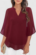 Women's Blouse Loose Fit with V-Neck and Split Sleeves - Burgundy