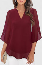 Women's Blouse Loose Fit with V-Neck and Split Sleeves - Burgundy