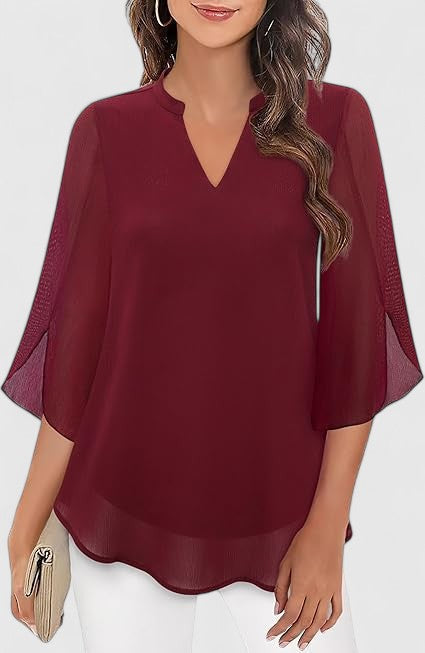 Women's Blouse Loose Fit with V-Neck and Split Sleeves - Burgundy