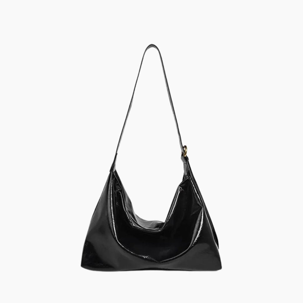 Women's Patent Vegan Leather Shoulder Bag with Curved Slouch - Black