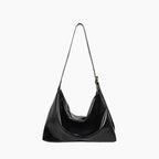 Women's Patent Vegan Leather Shoulder Bag with Curved Slouch - Black