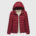 Women's Quilted Jacket with Hood and Zip Fastening - Burgundy Hood