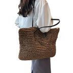 Women's Woven Tote Bag with Faux Leather Straps - 6