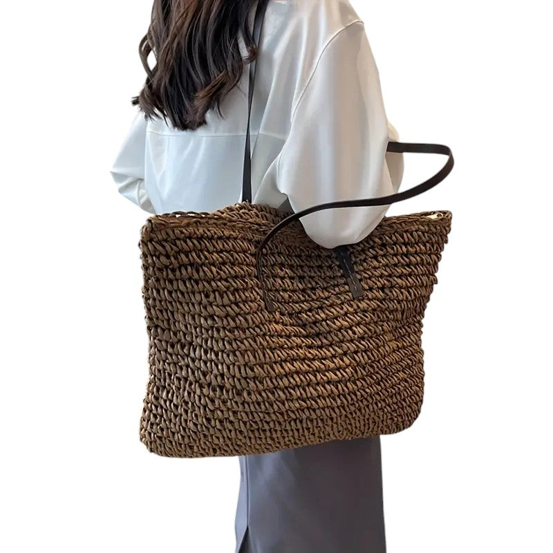 Women's Woven Tote Bag with Faux Leather Straps - 6