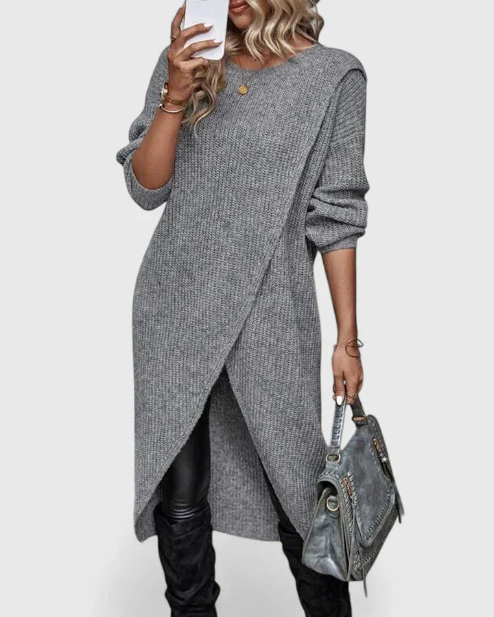 Women's Jumper Dress Long Sleeve with Wrap Front Hem - Grey