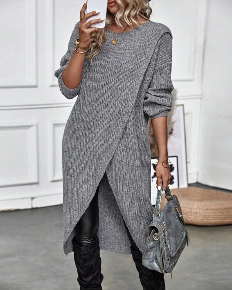 Women's Ribbed Jumper Dress with Side Slit Long Sleeve - Grey