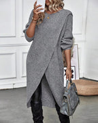 Women's Ribbed Jumper Dress with Side Slit Long Sleeve - Grey