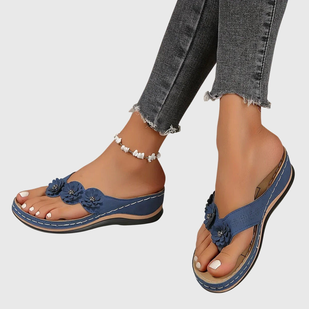Women's Toe-Post Wedge Sandals with Floral Trim - 9