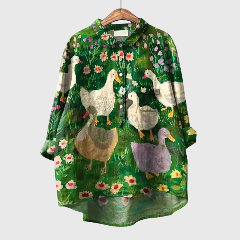 Women's Blouse with Collar and Cat Print - Green