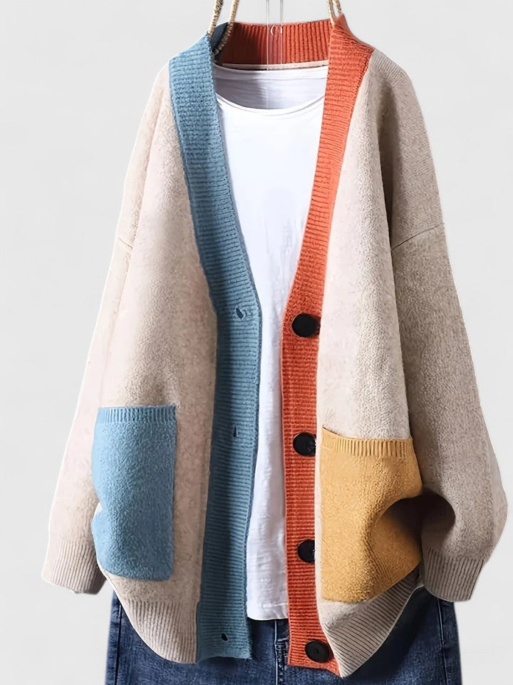 Women's Cardigan Oversized with Colour Block Trim and Patch Pockets - Beige