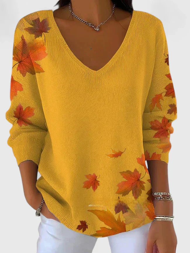 Women's Jumper V-Neck with Long Sleeves and Leaf Print - Yellow