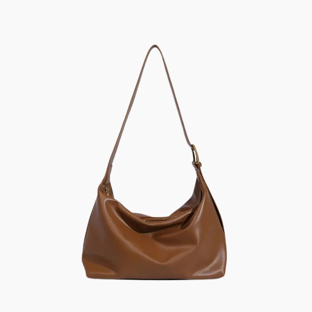 Women's Patent Vegan Leather Shoulder Bag with Curved Slouch - Camel