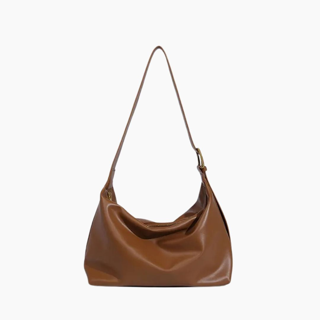 Women's Patent Vegan Leather Shoulder Bag with Curved Slouch - Camel