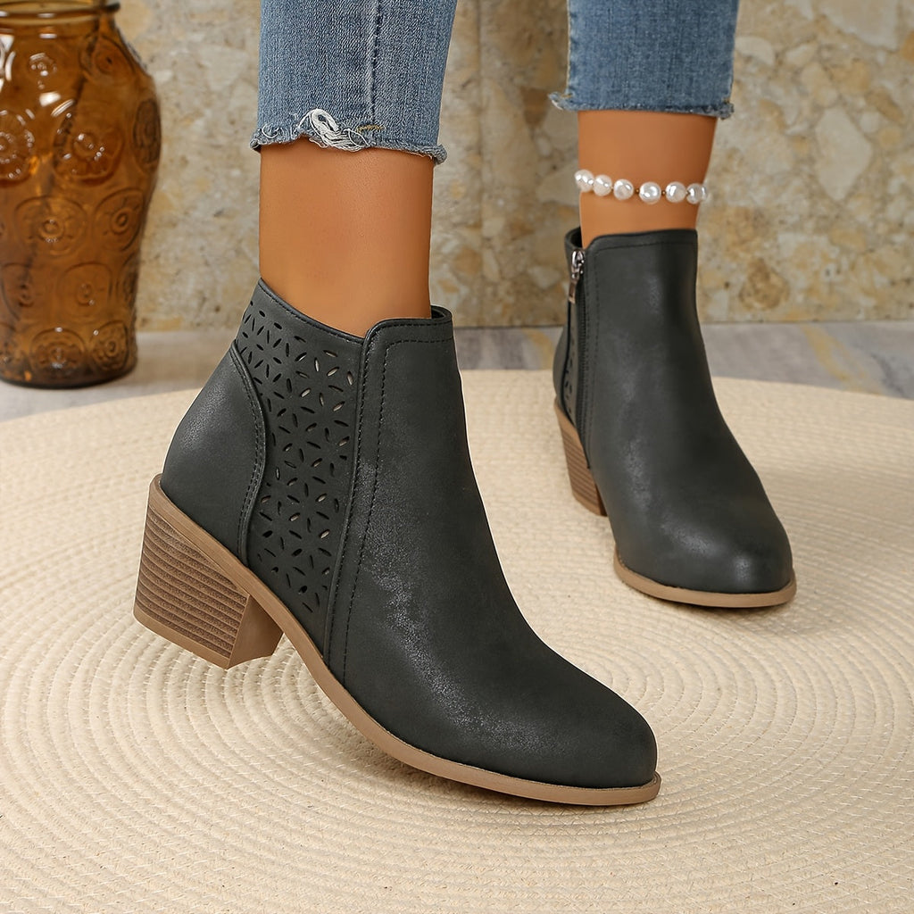 Women's Ankle Boots with Laser-Cut Detail and Block Heel - 8