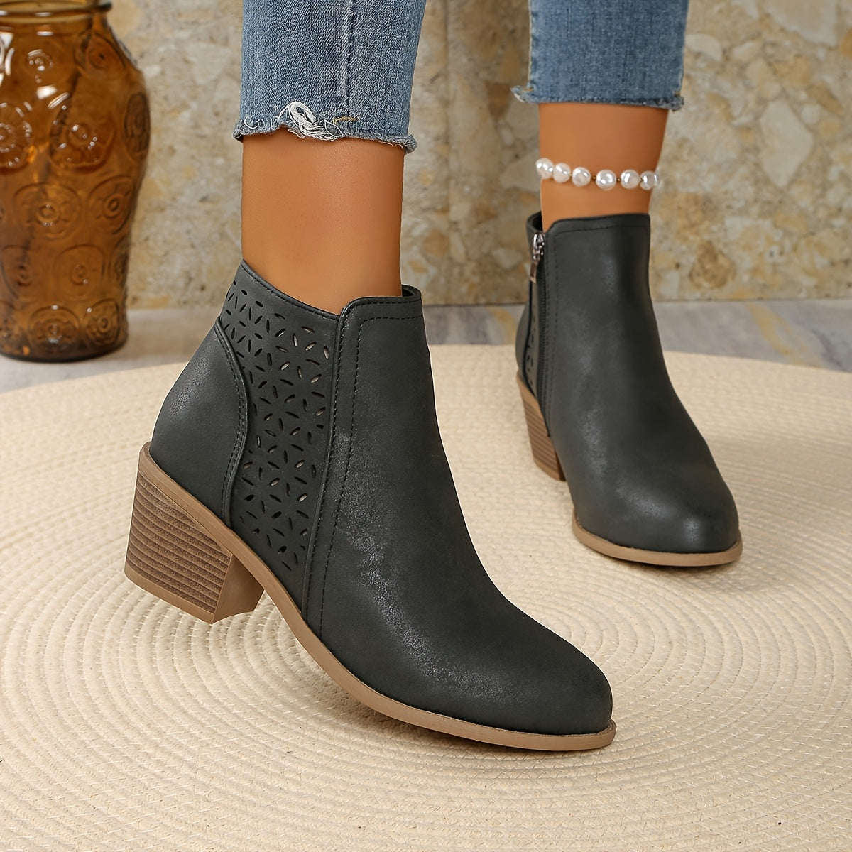 Women's Ankle Boots with Laser-Cut Detail and Block Heel - 8