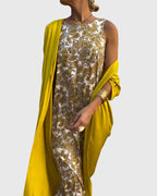 Women's Two-Piece Set with Printed Dress and Open-Front Jumper - 4