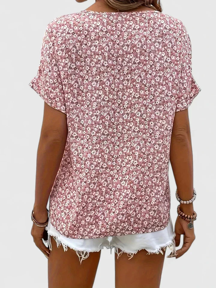 Women's Blouse Short Sleeve with Floral Print and Button-Up Front - 4