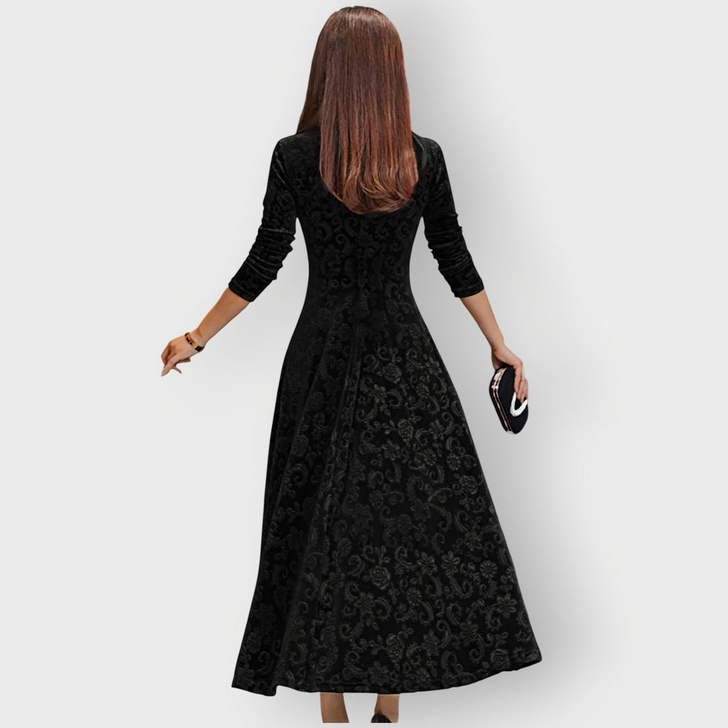Women's Midi Dress with V-Neck and Flared Skirt - 11