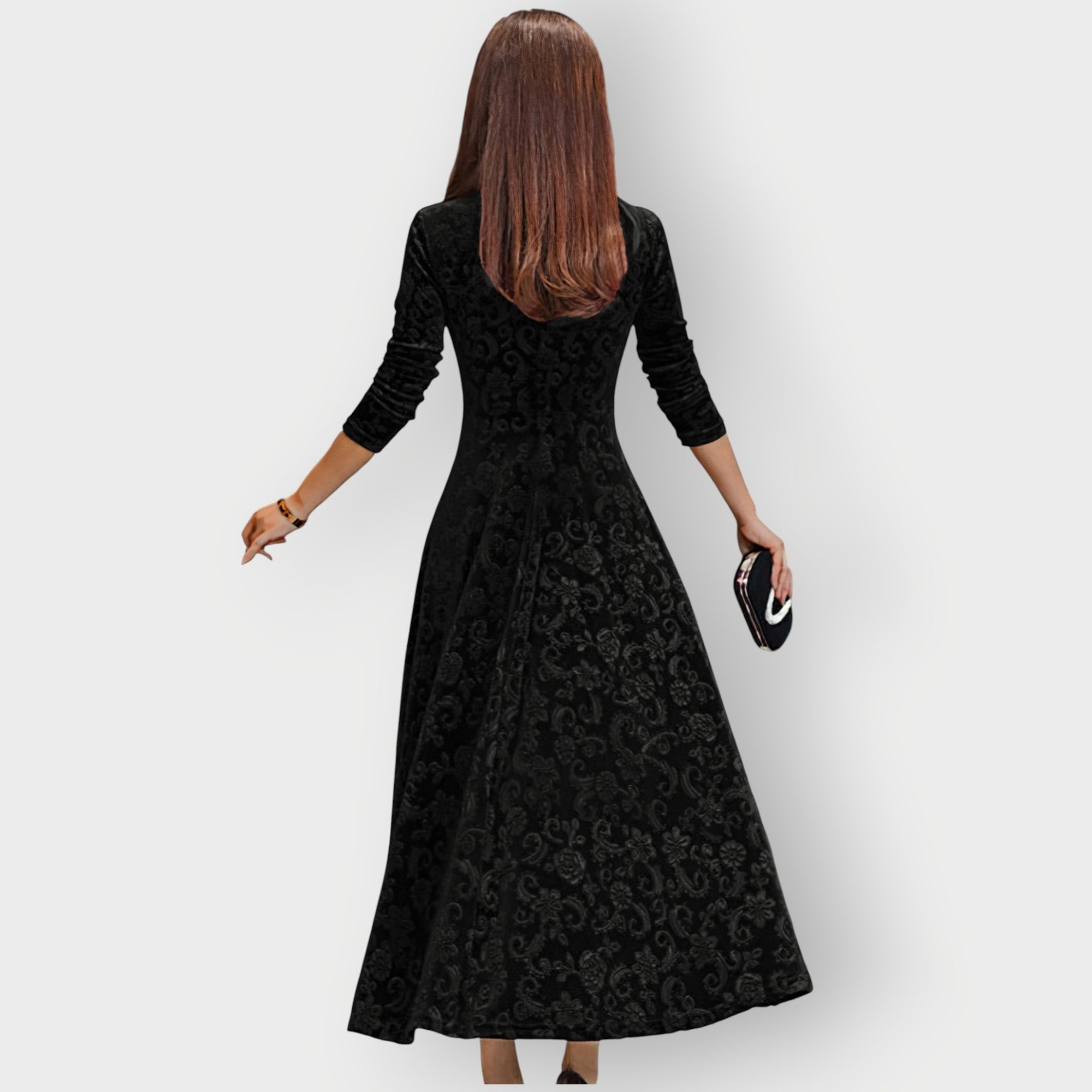 Women's Midi Dress with V-Neck and Flared Skirt - 11