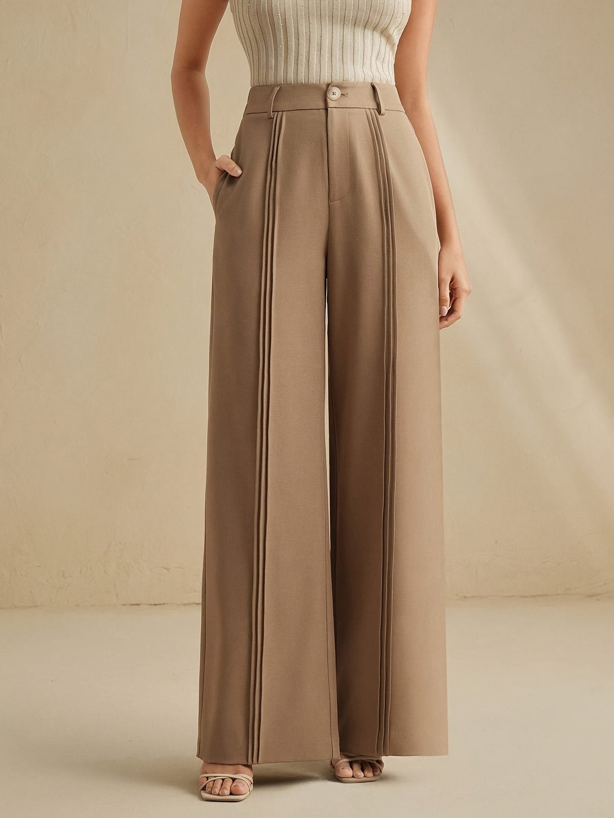 Women's High-Waist Wide-Leg Trousers with Pleated Front - 6