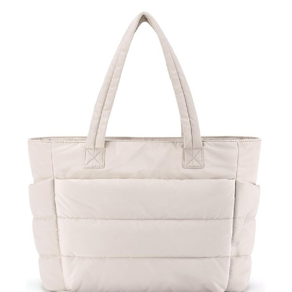 Women's Quilted Tote Bag with Padded Shoulder Straps - Cream