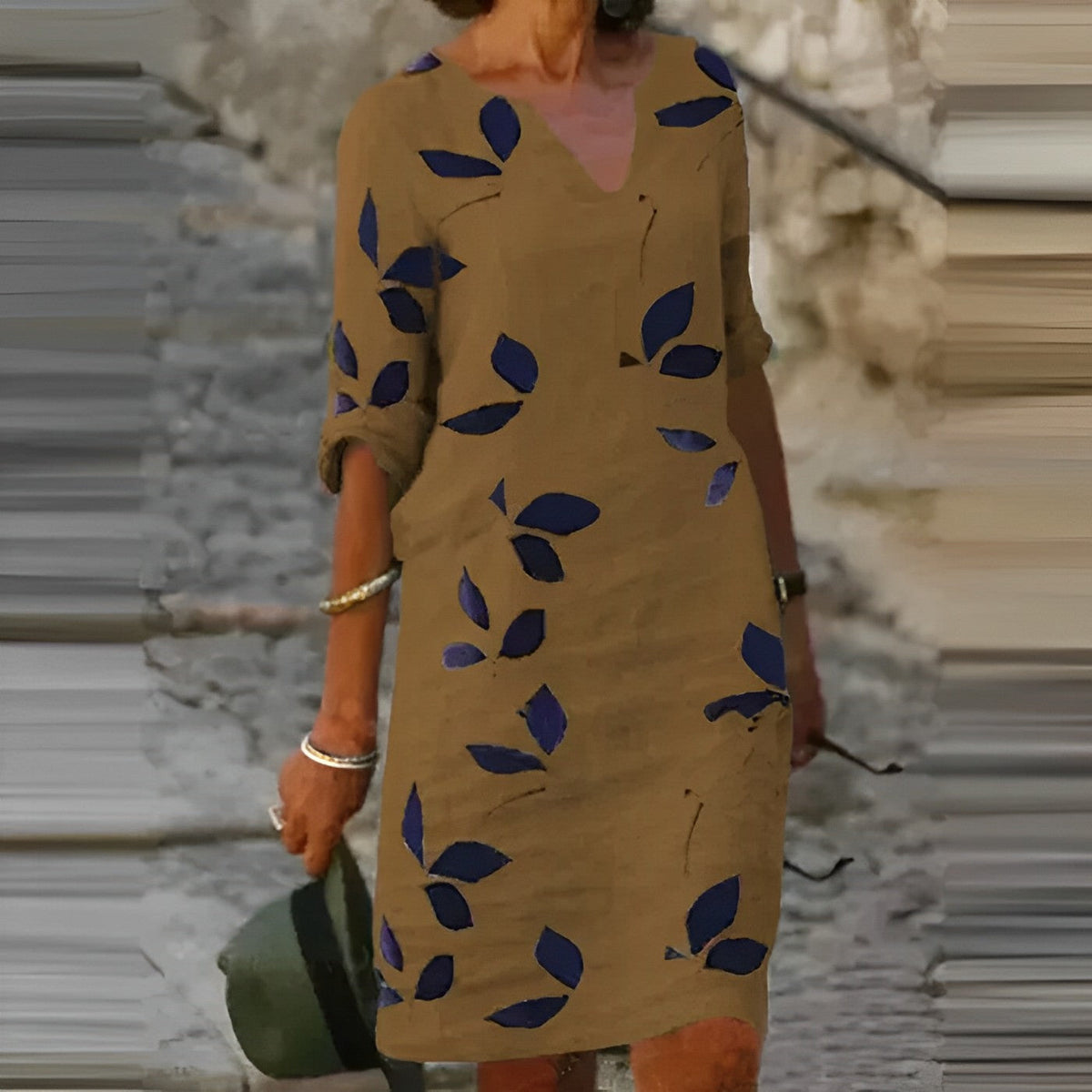 Women's Leaf Print Midi Dress with V-Neck and Three-Quarter Sleeves - Brown