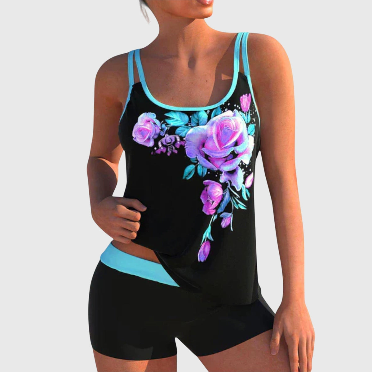 Women's Floral Print Two-Piece Swimsuit Set with Tank Top and Shorts - Turquoise