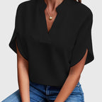 Women's Blouse Short Sleeve with V-Neck and Split Cuffs - 4