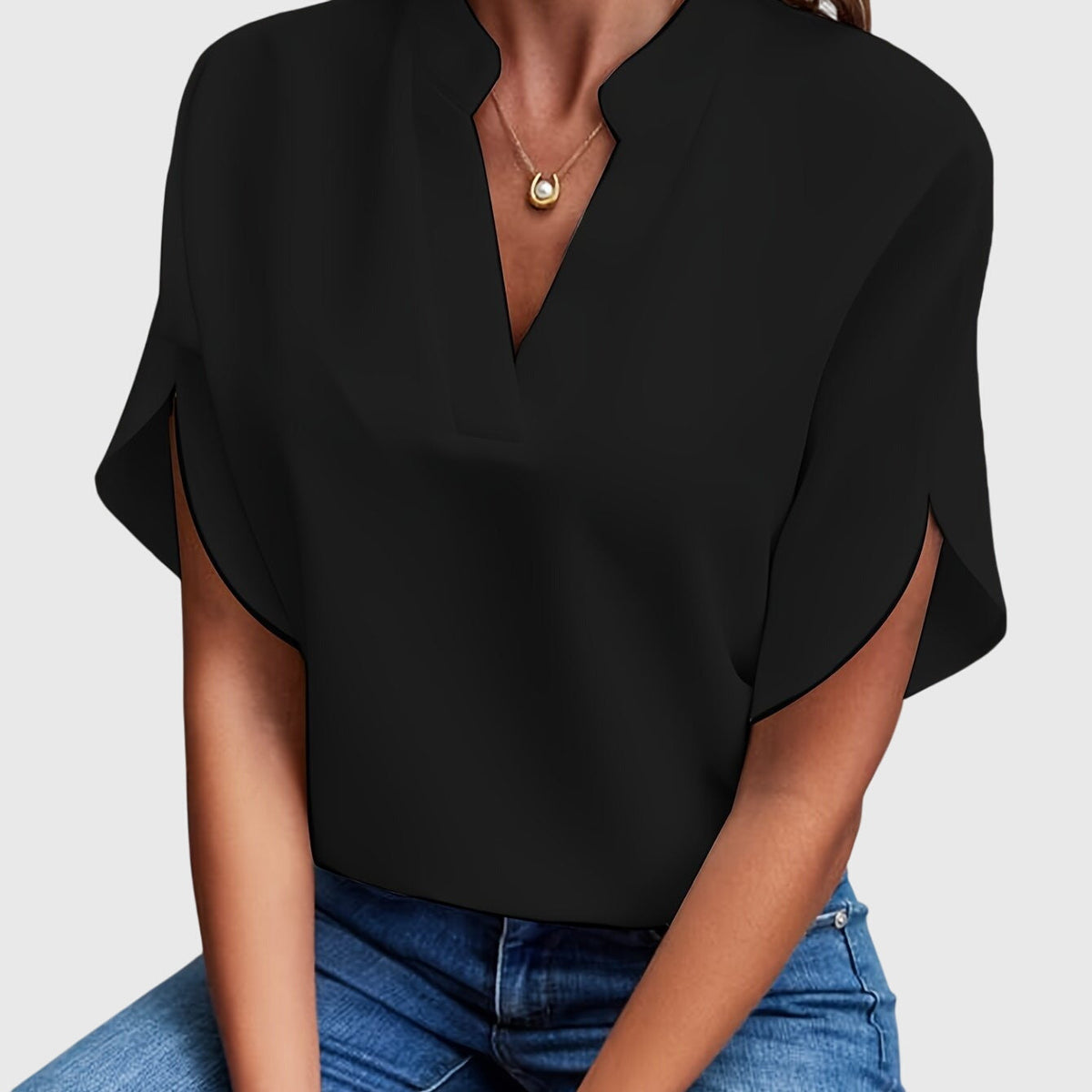 Women's Blouse Short Sleeve with V-Neck and Split Cuffs - 4