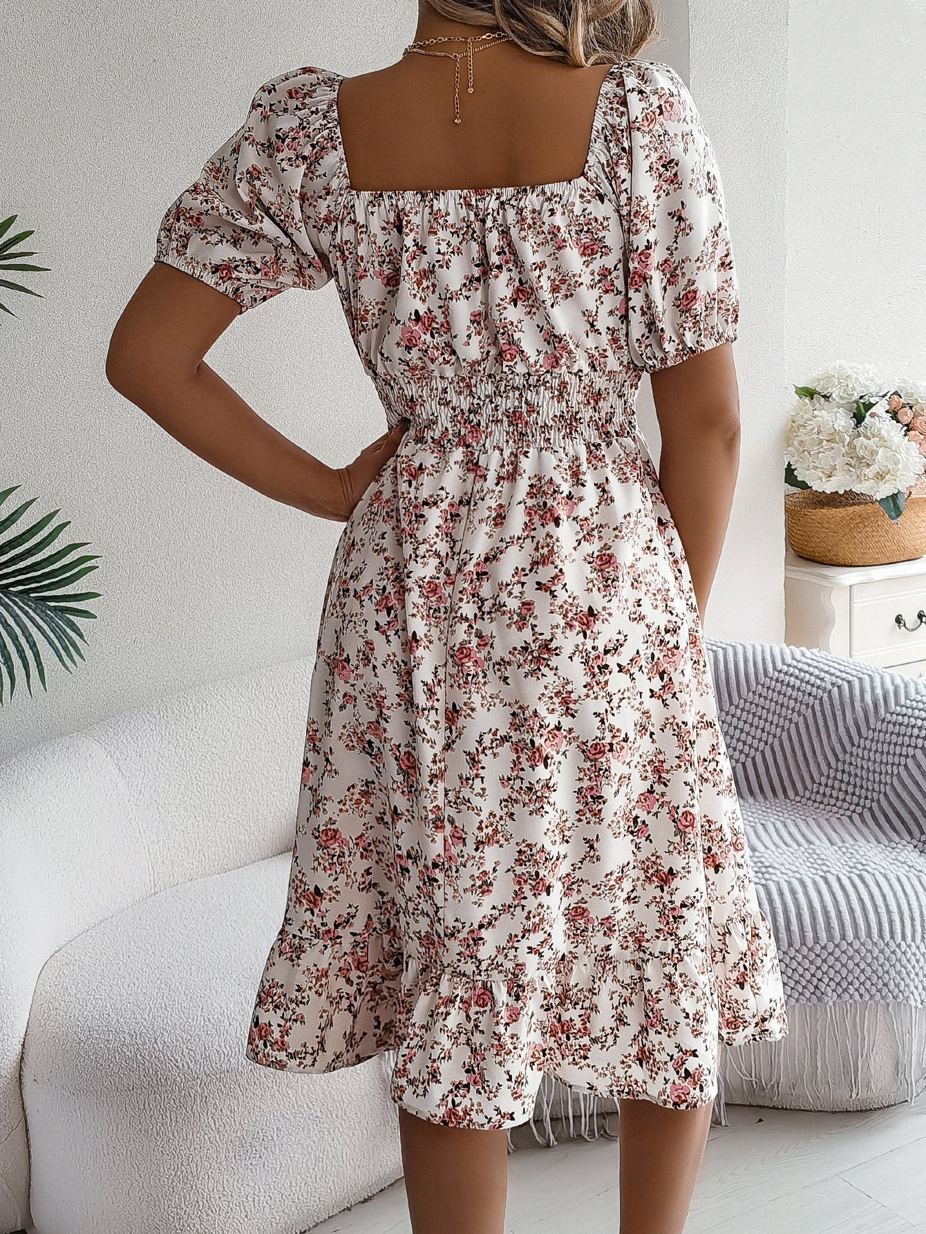 Women's Floral Dress with Frill Hem and High Waist - 6