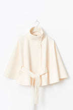 Women's Cape Coat with High Collar and Bow Belt - 2