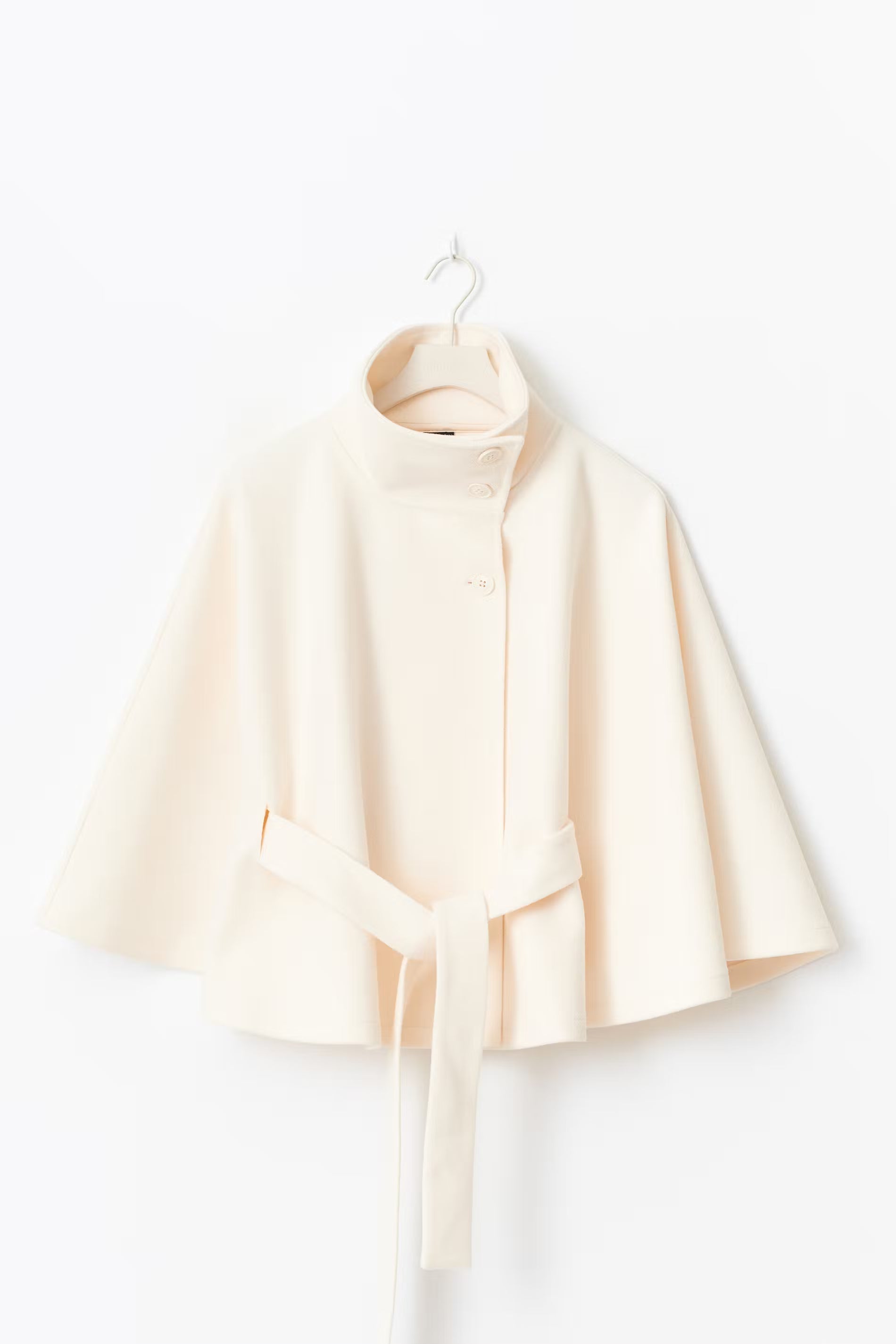 Women's Cape Coat with High Collar and Bow Belt - 2