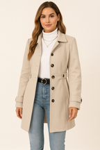 Women's Trench Coat Single-Breasted with Belted Waist and Notch Collar - Champagne