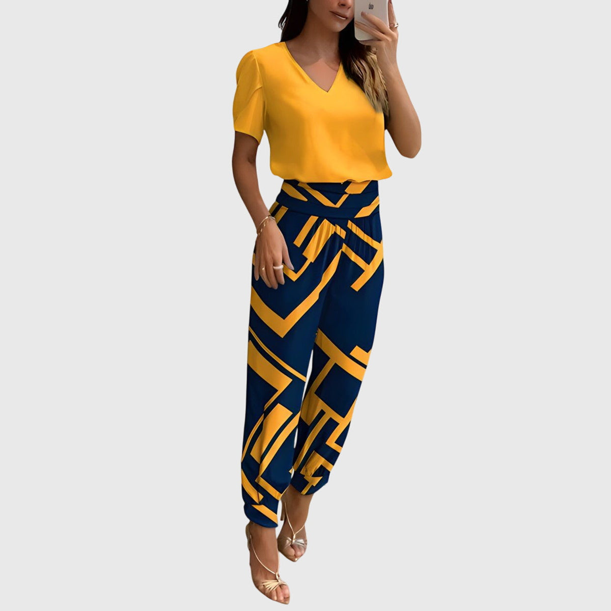 Women's Blouse and Trousers Set with V-Neck and Tapered Leg - Yellow-Blue Print