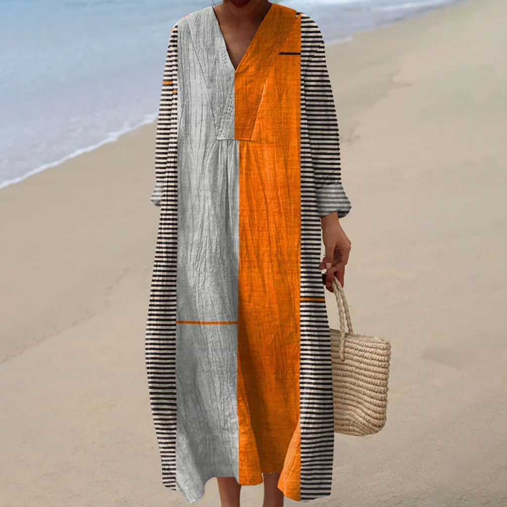 Women's Maxi Dress Long Sleeve with Colour Block Print and V-Neck - Multicolor